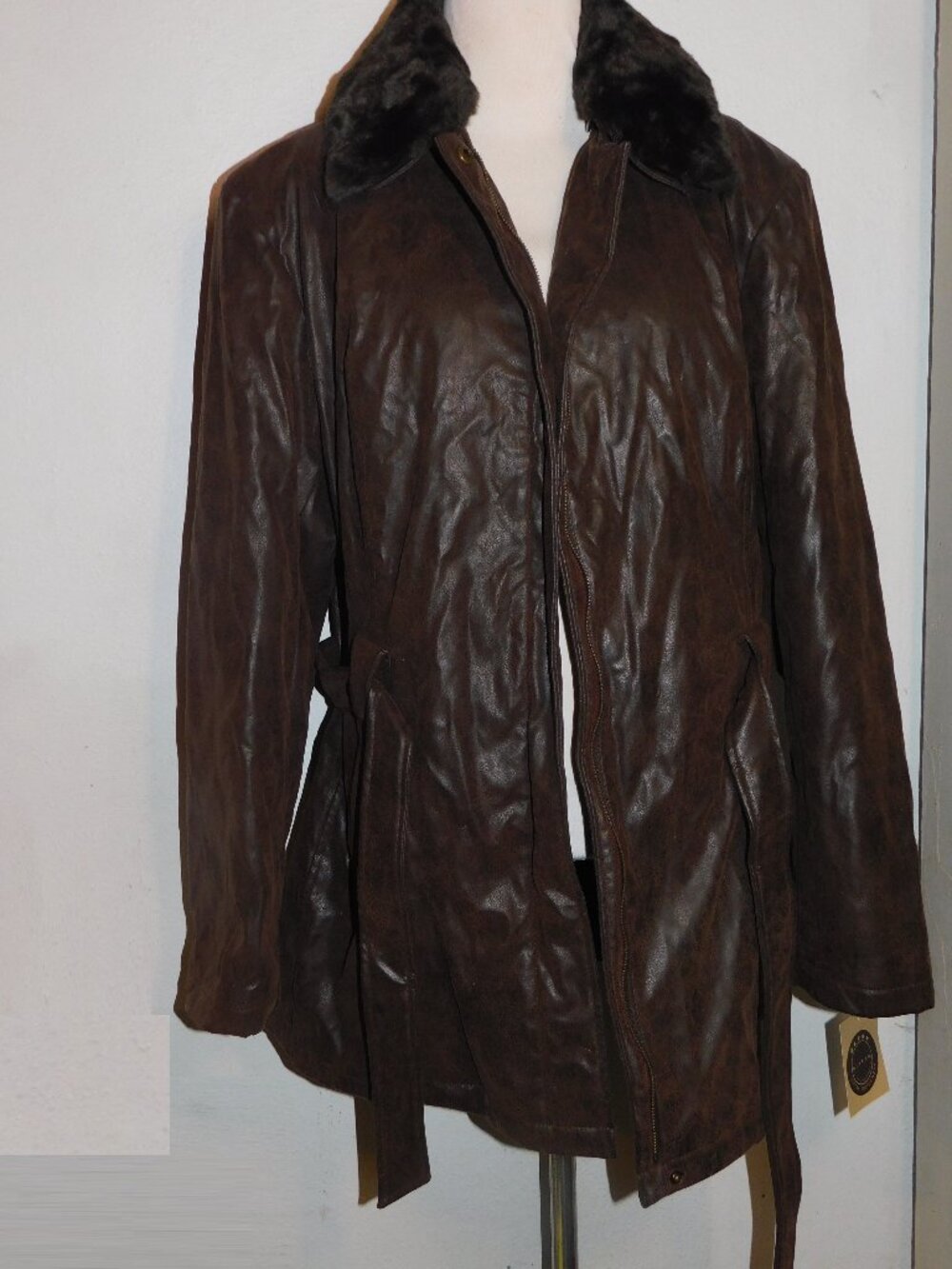 Women's 1X Giacca 5 Star Outerwear Brown Faux Leather Jacket, Faux Fur Collar